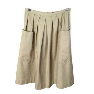 Handmade Women Beige A-Line Pleated Midi Skirt Utilitarian-Cotton Blend Pocket S